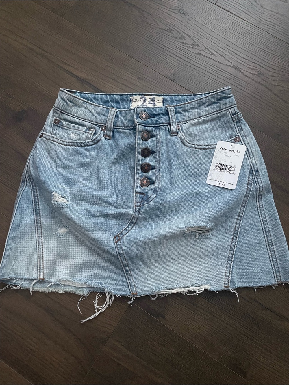 Free People Light Blue Distressed Button-Front Denim Mini Skirt